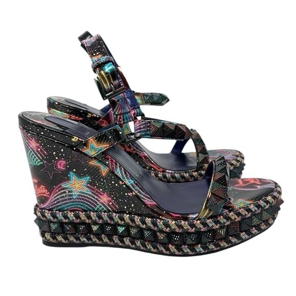 Christian Louboutin Sandals Pyraclou Studded Patent Leather Platform Wedges 38 - Picture 1 of 7